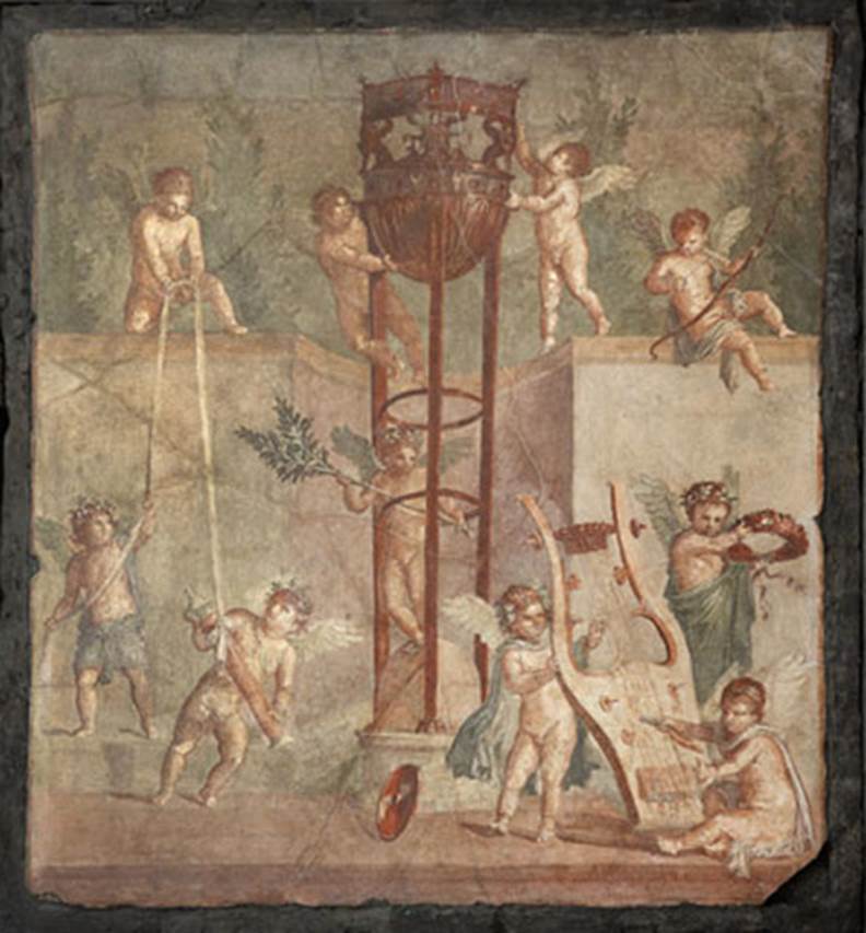 V.18/17, Herculaneum. 2013. Painting of cupids playing with the attributes of Apollo.
Found in the centre of the north wall in an upper room. 
Photo © The Trustees of the British Museum. All rights reserved. Image 01142093001.
The British Museum says this is SAP inventory number 77872.